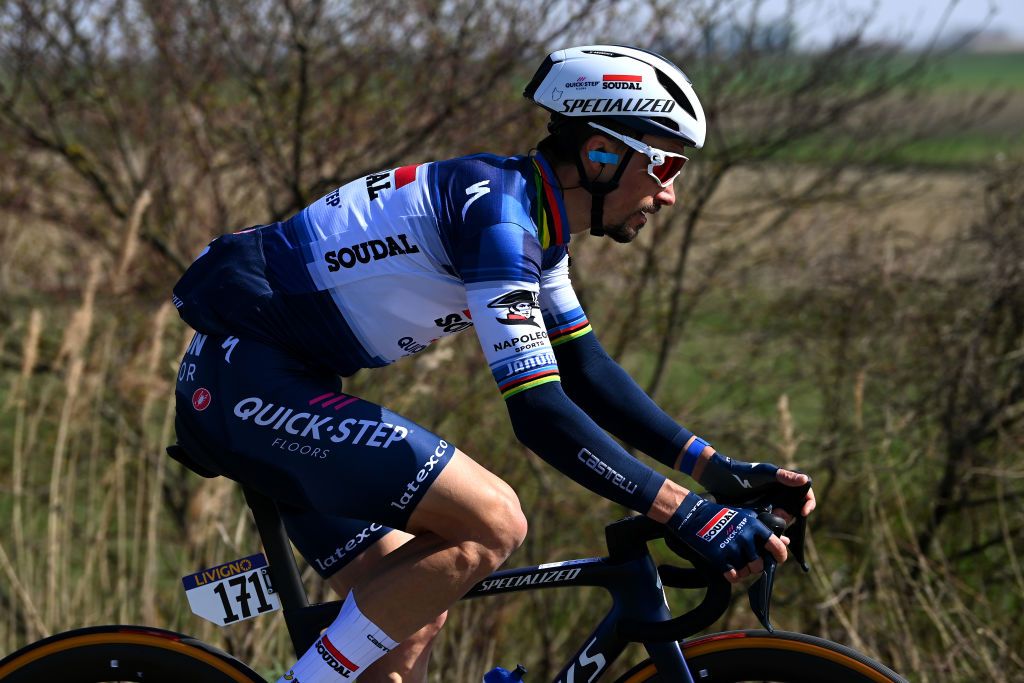 SANREMO ITALY MARCH 18 Julian Alaphilippe of France and Team Soudal QuickStep competes during the 114th MilanoSanremo 2023 a 294km one day race from Abbiategrasso to Sanremo MilanoSanremo UCIWT on March 18 2023 in Sanremo Italy Photo by Tim de WaeleGetty Images