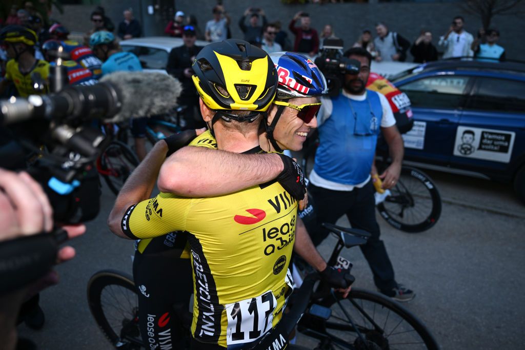 TAVIRA PORTUGAL FEBRUARY 16 LR Julien Vermote of Belgium and stage winner Wout Van Aert of Belgium and Team Visma Lease a Bike react after the 50th Volta ao Algarve em Bicicleta 2024 Stage 3 a 1922km stage from Vila Real de Santo Antonio to Tavira on February 16 2024 in Tavira Portugal Photo by Dario BelingheriGetty Images