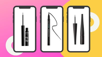 three of MIL's best liquid eyeliners on phone screen templates on a bright pink and yellow background