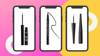 three of MIL&#039;s best liquid eyeliners on phone screen templates on a bright pink and yellow background