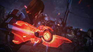 Commander Shepard i Mass Effect Legendary Edition kämpar mot en fiende