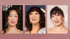 A trio of vertical images of actor Sandra Oh set against a dark pink painterly background