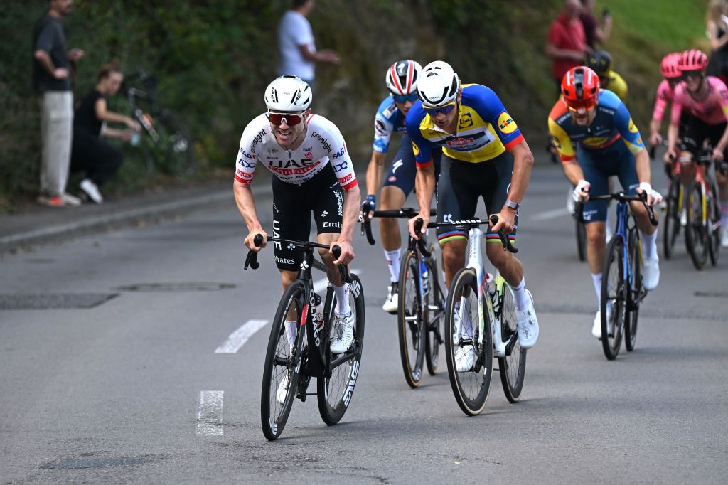 LUXEMBOURG LUXEMBOURG SEPTEMBER 22 LR Marc Hirschi of Switzerland and UAE Team Emirates and Mathieu Van Der Poel of The Netherlands and Team AlpecinDeceuninck Yellow Leader Jersey attack during the 84th Tour de Luxembourg 2024 Stage 5 a 1769km stage from Mersch to Luxembourg UCIWT on September 22 2024 in Luxembourg Luxembourg Photo by Tim de WaeleGetty Images