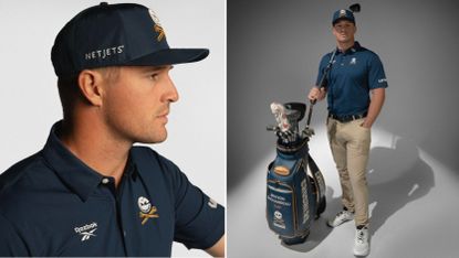 Bryson DeChambeau poses in Reebok gear and stands beside a golf bag