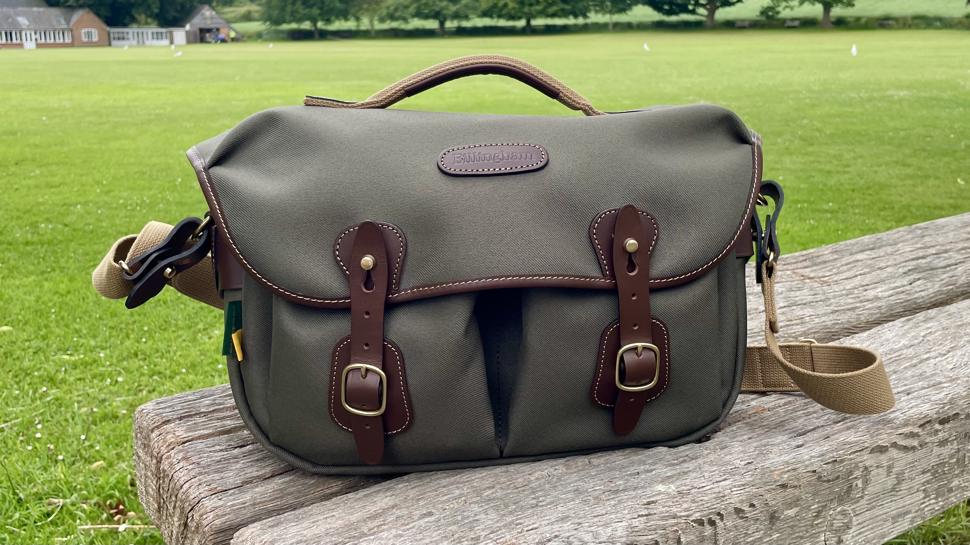 Billingham Hadley Pro 2020 camera bag outdoors on a park bench