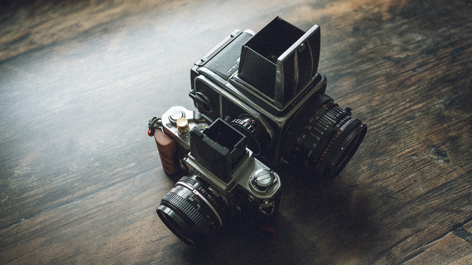 A collection of modern and vintage cameras
