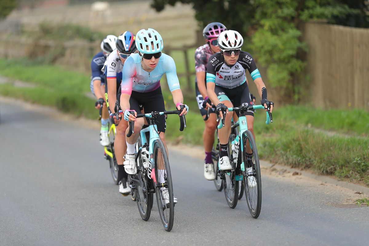 Picture by Alex Whitehead/SWpix.com - 09/10/2021 - Cycling - AJ Bell Women's Tour of Britain - Stage Six: Haverhill to Felixstowe, England - Danielle Christmas of Team Drops Le Col and Ane Santesteban of Team Bike Exchange heading the break away