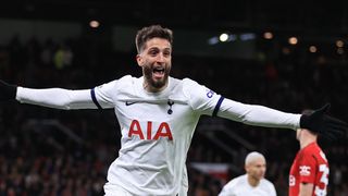 Rodrigo Bentancur of Tottenham Hotspur celebrates after scoring their 2nd goal during the Premier League match between Manchester United and Tottenham Hotspur at Old Trafford on January 14, 2024 in Manchester, England.