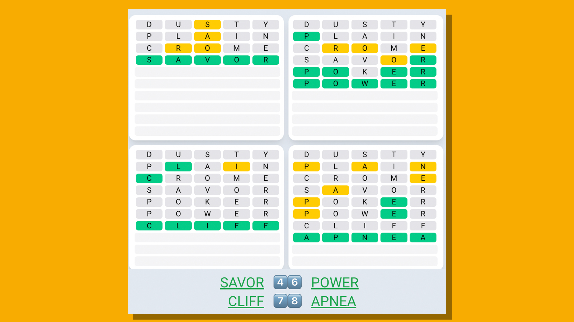 Quordle Daily Sequence answers for game 545 on a yellow background