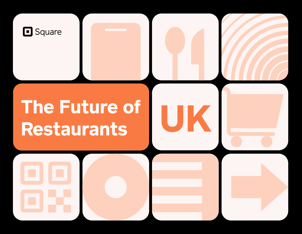 Shaded orange graphics with shopping trolley, cutlery and other square and circle graphics