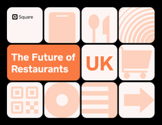Shaded orange graphics with shopping trolley, cutlery and other square and circle graphics