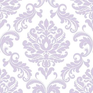 A damask purple and white printed peel-and-stick wallaper square
