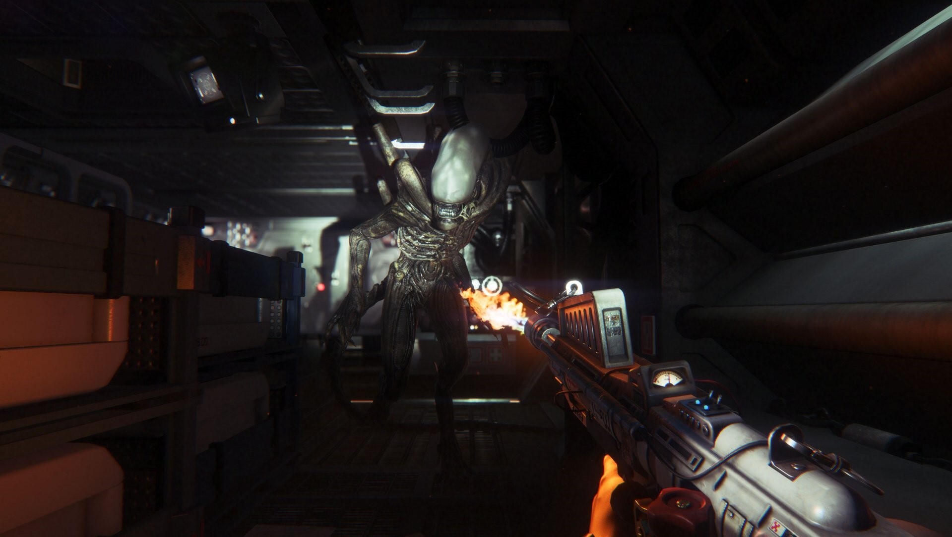 An Alien comes towards you as the player character opens fire in Alien Isolation