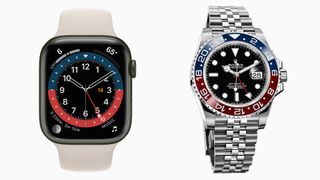 Apple Watch Series 7 with GMT face on left, Rolex GMT-Master II on right