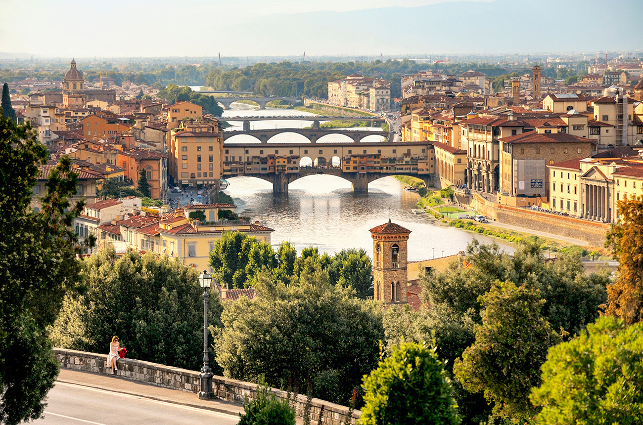 Classic view of the Ponte Vecchio and the River Arno from the Piazzale Michelangelo in Florence