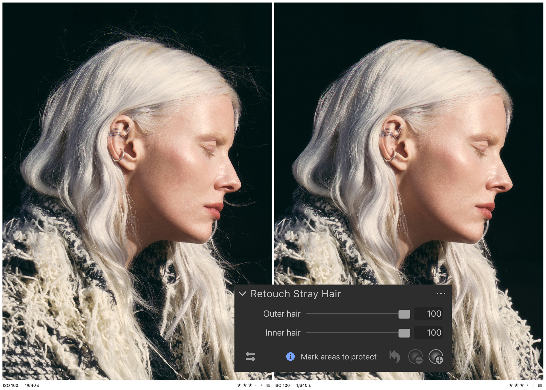 2x Same woman with bright blond / white hair, having her head turned to the left, with beautiful sunlight on her skin. In front a Capture One editing software window + sliders for Retouch Stray Hair