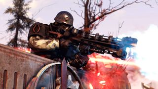 Fallout 76 Steel Reign review — a Hellcat Mercenary firing a rifle