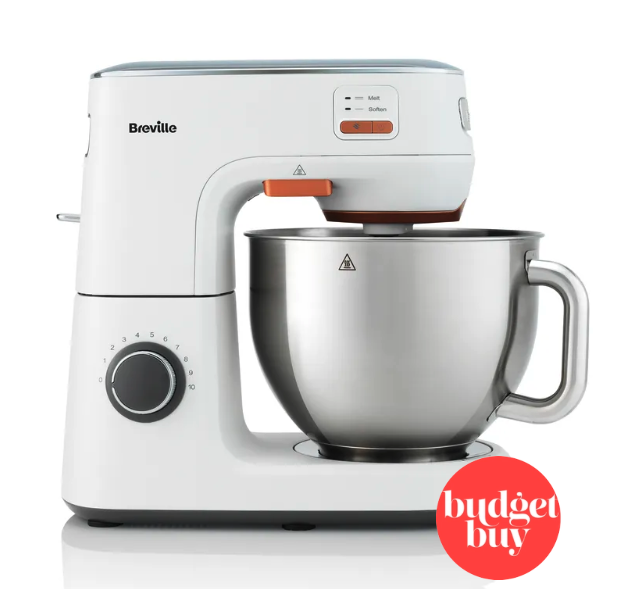 A white Breville mixer with a red Budget Buy badge in the right hand corner