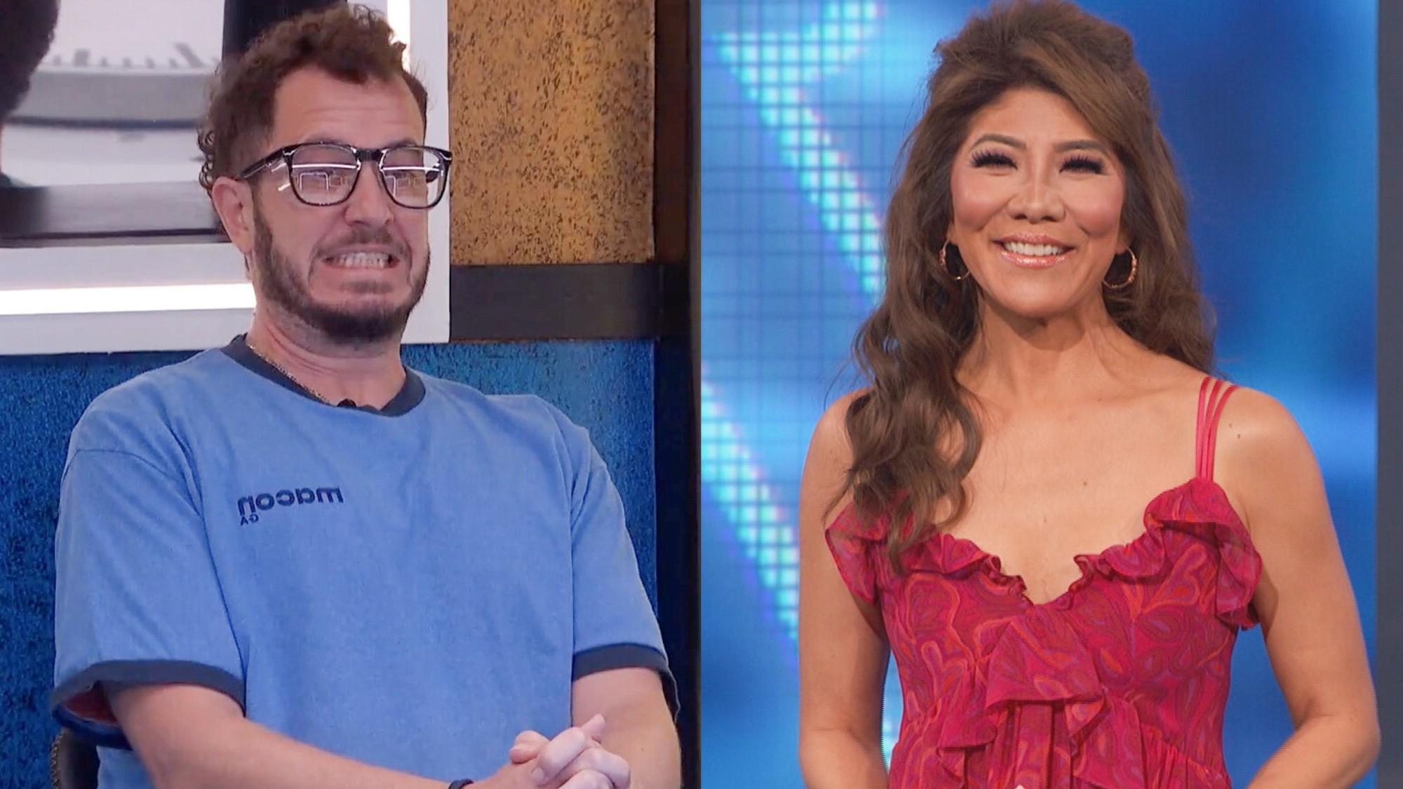Rick and Julie side by side shot. He's wearing glasses and a blue shirt, and Julie is wearing a red top. 