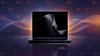 Surface Laptop Ultra with a dark, elegant design sits against a vibrant background of swirling purple and orange waves, creating a futuristic and stylish atmosphere.