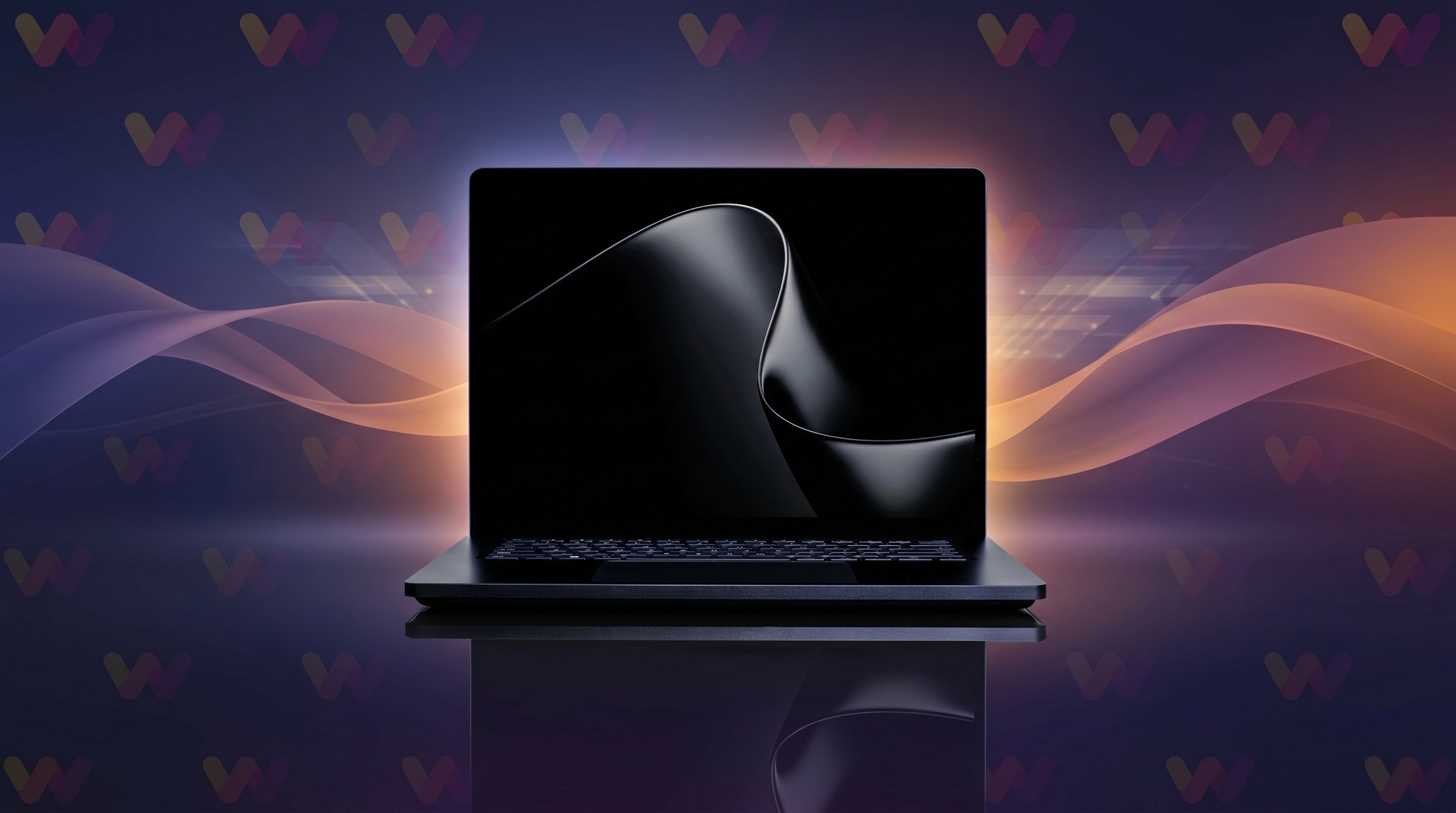 Surface Laptop Ultra with a dark, elegant design sits against a vibrant background of swirling purple and orange waves, creating a futuristic and stylish atmosphere.