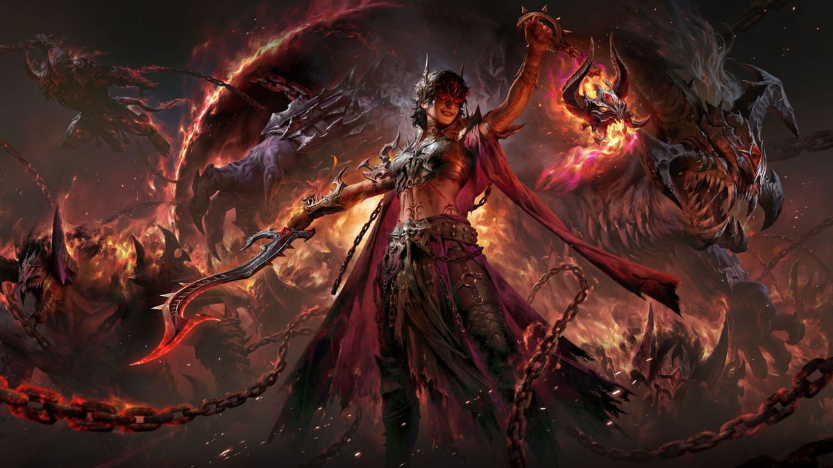 A fierce warrior stands defiant, wielding curved blades, surrounded by fiery demonic creatures.
