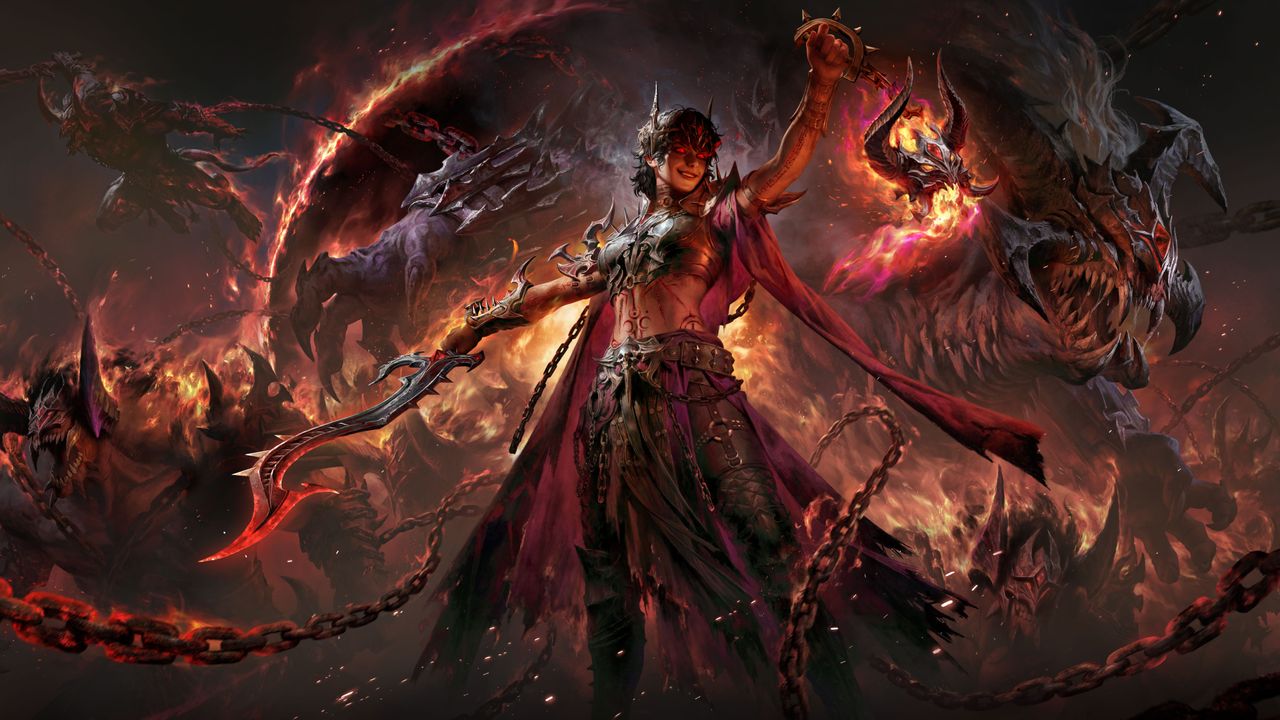 A fierce warrior stands defiant, wielding curved blades, surrounded by fiery demonic creatures.