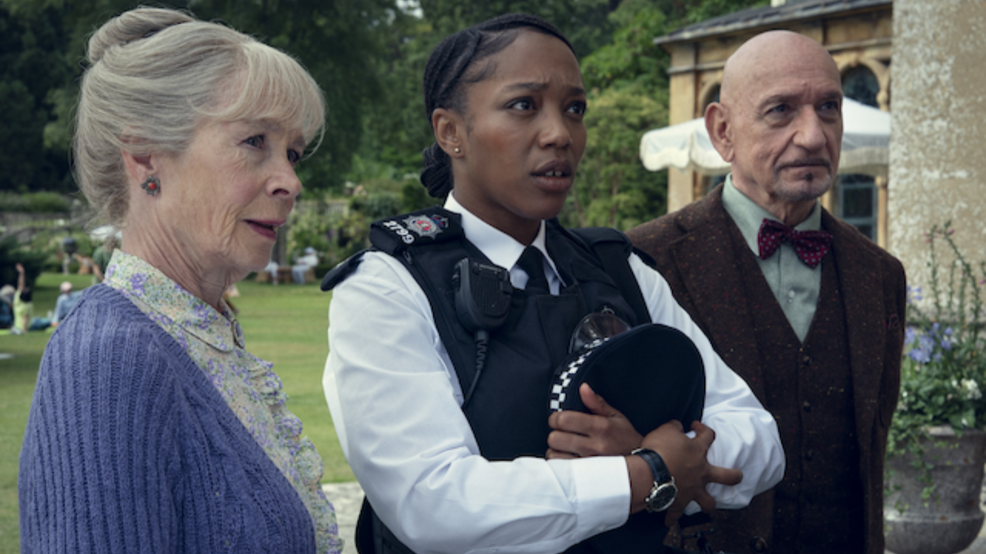 Celia Imrie, Naomi Ackie, Sir Ben Kingsley in The Thursday Murder Club