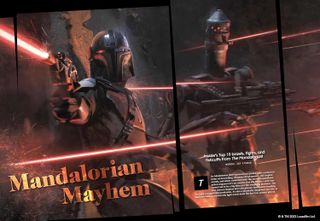 two pages from "Star Wars: The Mandalorian Collection" showing a helmeted warrior firing a laser gun.