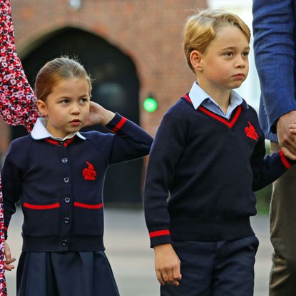 britains princess charlotte of cambridge, with her brother, britains prince george of cambridge, arrives for her first day of school at thomass battersea in london on september 5, 2019 photo by aaron chown pool afp photo credit should read aaron chownafp via getty images