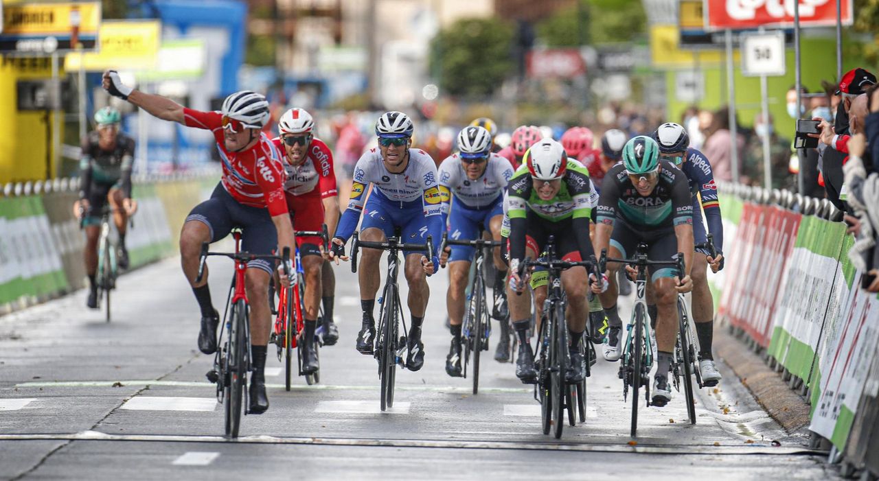 BinckBank Tour 2020 16th Edition 2nd stage Aalter Aalter 157 km 01102020 Mads Pedersen DEN Trek Segafredo Jasper Philipsen BEL UAE Team Emirates Pascal Ackermann GER Bora Hansgrohe photo Tim van WichelenrPNBettiniPhoto2020