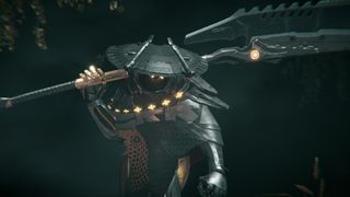 A robot from Morbid Metal approaches menacingly, hauling a large halberd over its shoulder.