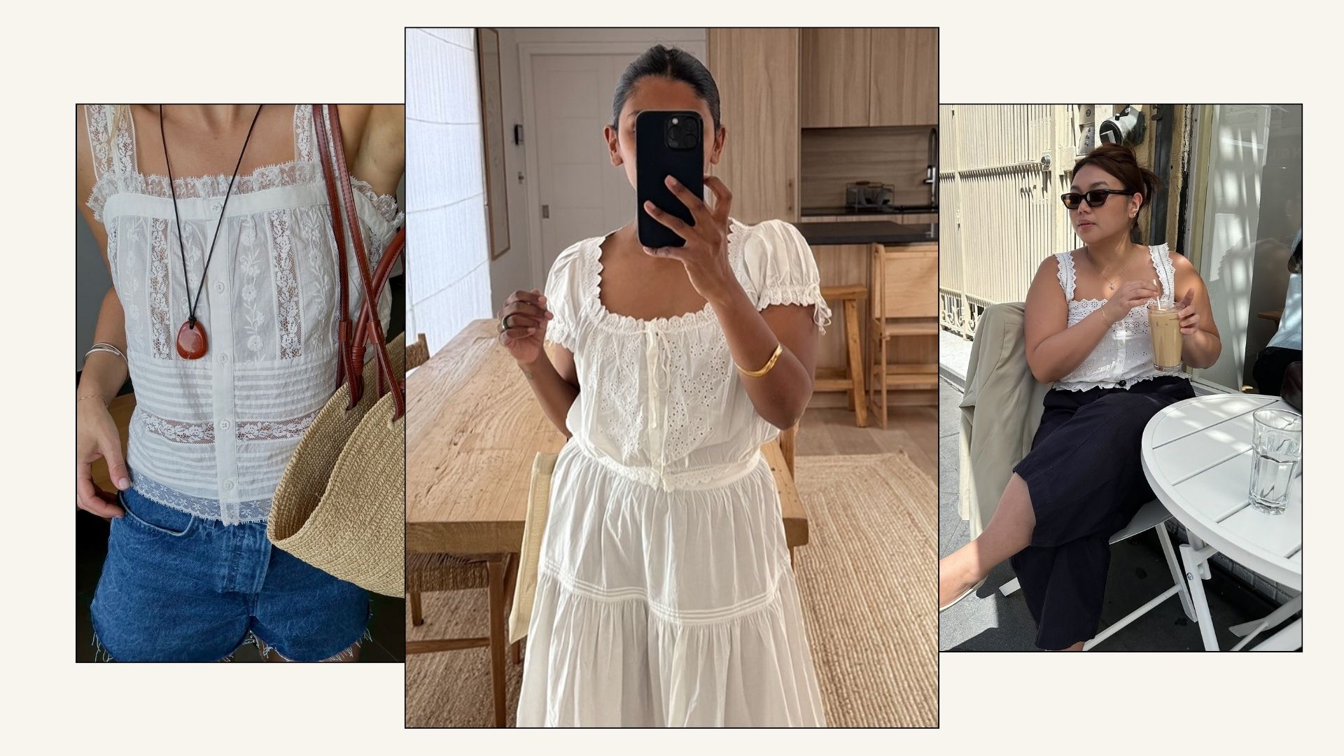 Influencers @lucywilliams02, @monikh, @marina_torres style white cotton square-neck blouses with shirts, skirts and trousers.