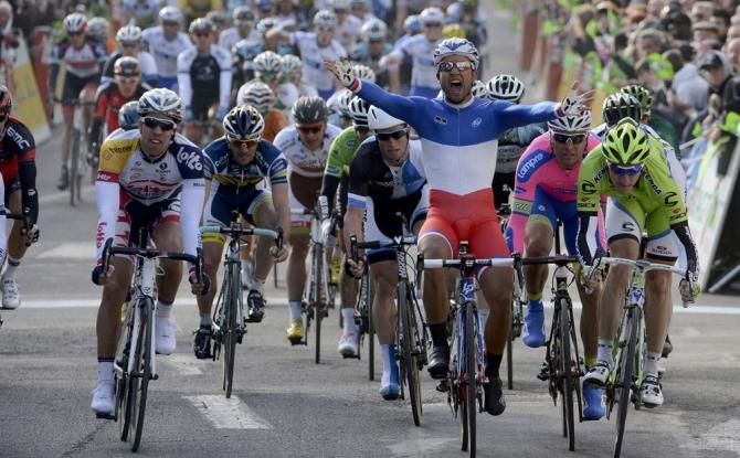 French champion Nacer Bouhanni (FDJ) wins stage one of Paris-Nice in Nemours.