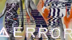 Photo collage of fashion magazine cutouts with clothes replaced by white noise, glitch art and broken lines of code with an error message
