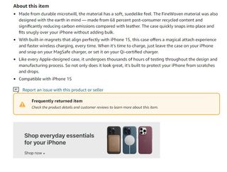 iphone 15 finewoven cases disclaimer on Amazon, nothing that it is a 'frequently returned item'