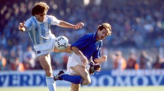 Oscar Ruggeri of Argentina competes for the ball with Franco Baresi of Italy during the Friendly match between Italy and Argentina at Sant Elia on 21 december in Cagliari 1989, Italy
