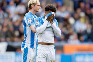 Josh Koroma of Huddersfield Town shows his disappointment during the Sky Bet Championship match between Huddersfield Town and Swansea City at John Smith's Stadium on April 20, 2024 in Huddersfield, England.
