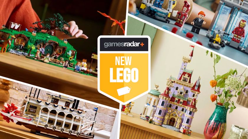 Lego The Shire, River Steamboat, Beauty and the Beast Castle, and Iron Man&#039;s Laboratory sets divided by white lines, with a &#039;new Lego&#039; GamesRadar+ badge over the top