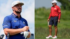 Bryson DeChambeau waits on the tee, Sergio Garcia lines up a putt