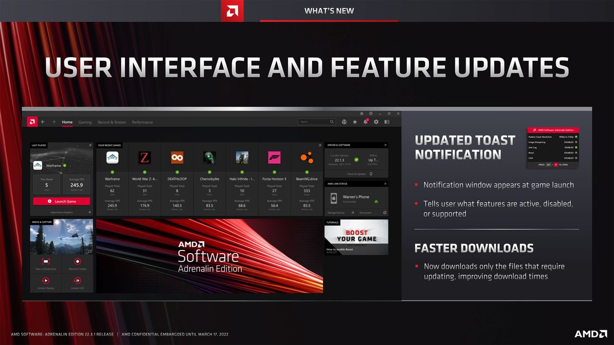 Slide deck for AMD Software Adrenalin Edition 22.3.1 with RSR and FSR 2.0