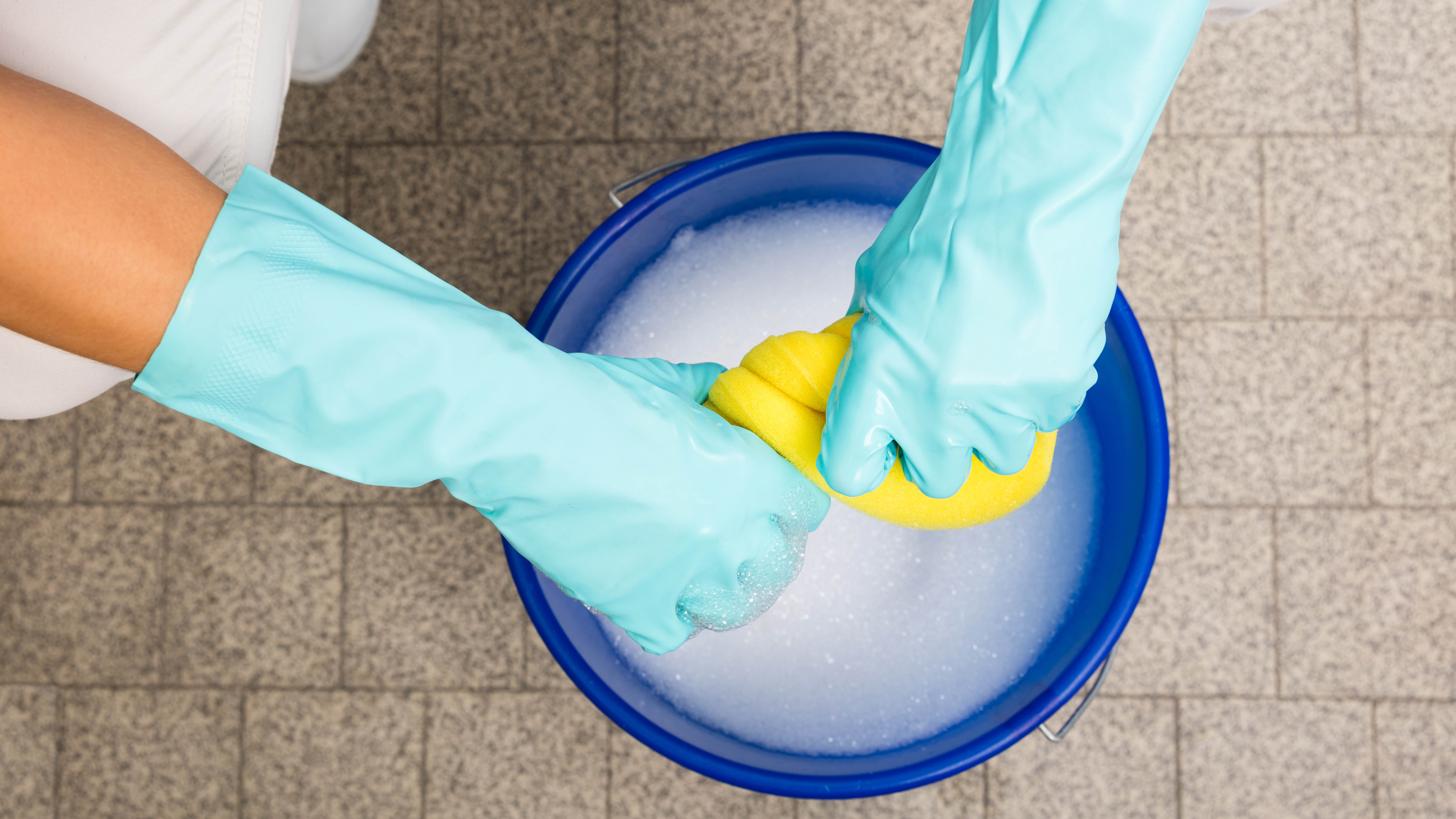 Soapy water in a bucket with a yellow wrung cloth