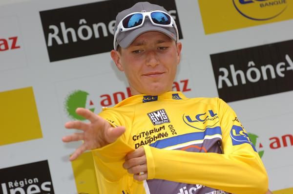 Janez Brajkovic dons the yellow jersey after his time trial win.