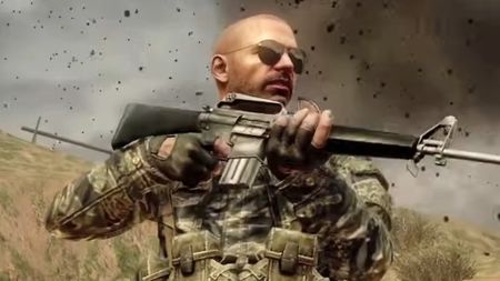 Call of Duty Black Ops 1 soldier holding a gun and wearing sunglasses