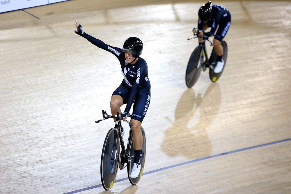 Rushlee Bushanan of New Zealand celebrates the bronze medal in the Womens Team Pursuit 3rd and 4th final