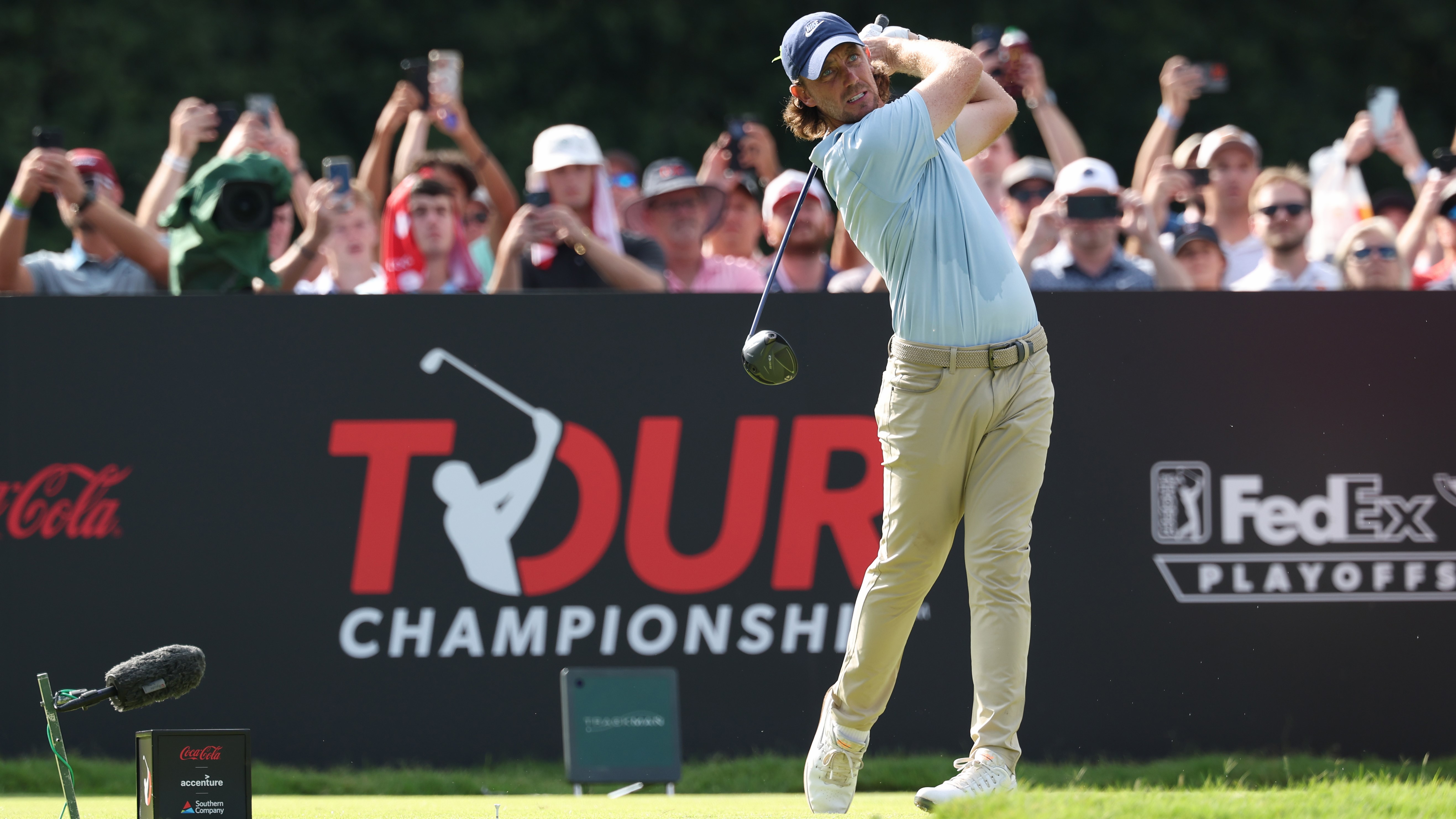 Tommy Fleetwood plays from the 18th tee during the final round of the Tour Championship 2025 at East Lake Golf Club 