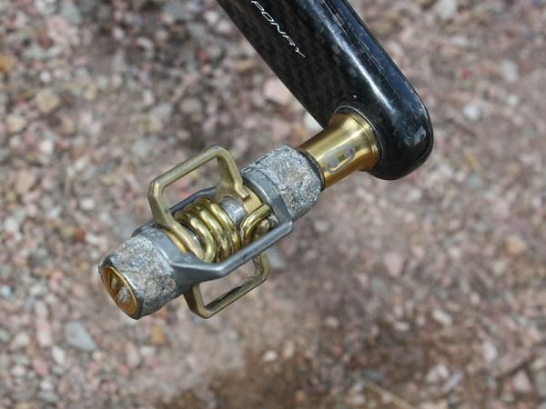 Compton's Crankbrothers Egg Beater 4ti pedals are covered with "Krazy Glue and Colorado sand" to provide a little extra grip underfoot.