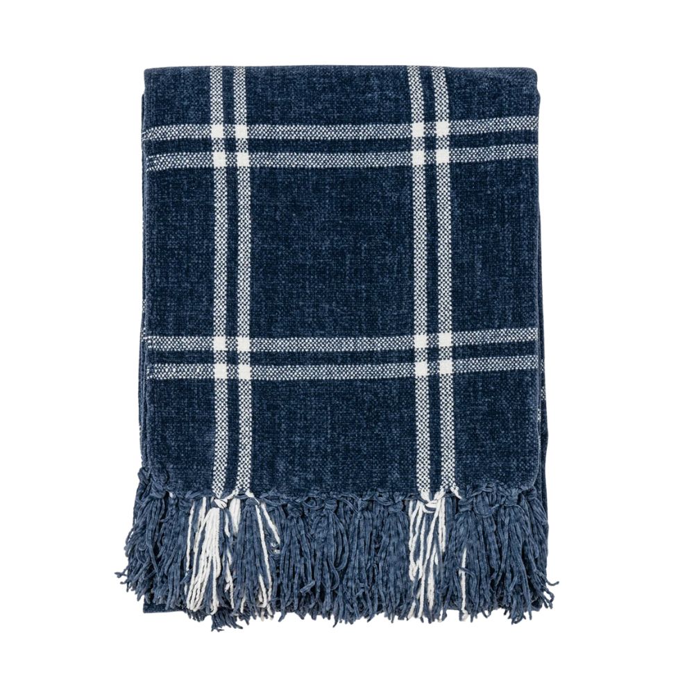 Navy Blue/White Plaid Soft Chenille Throw Blanket