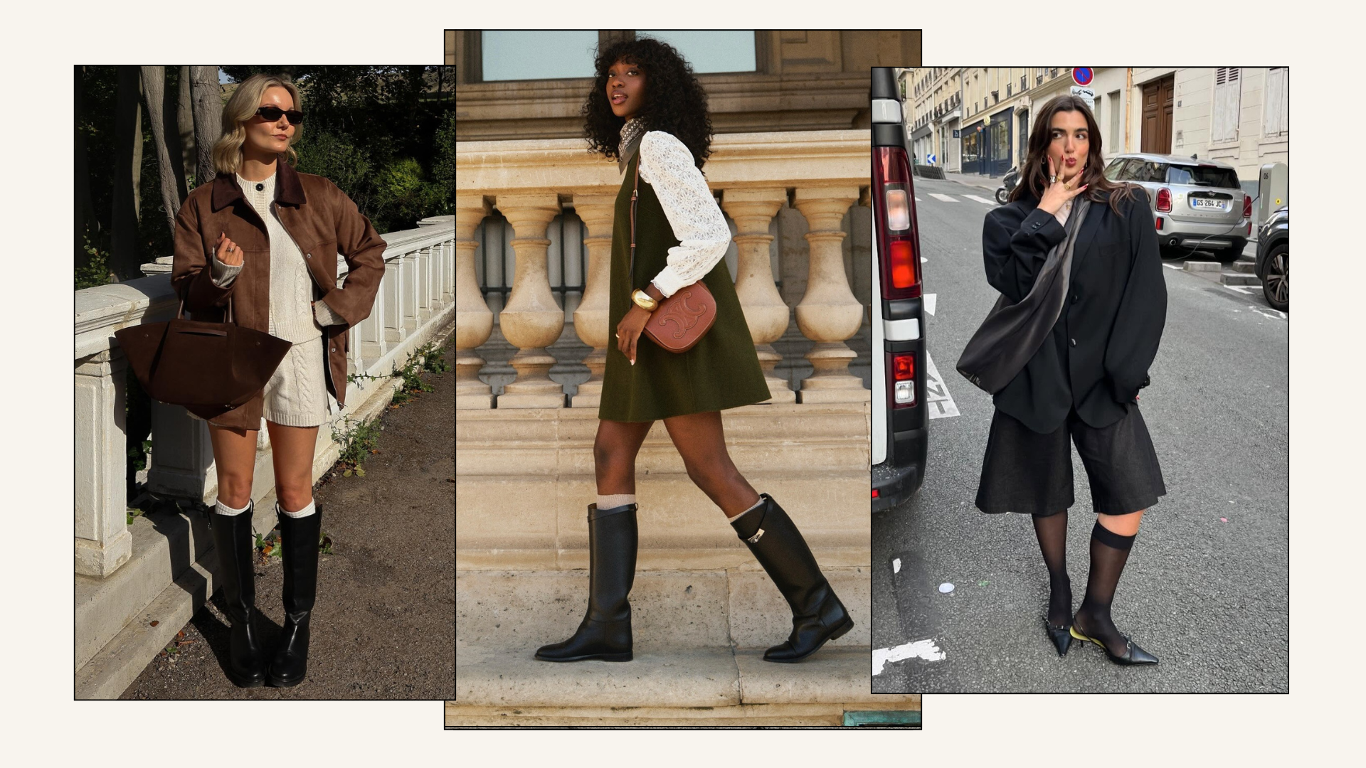 Three fashion people wear knee high sock outfits.