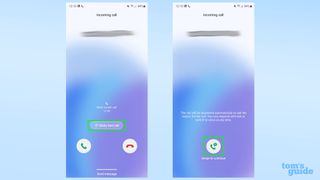 Two screenshots from a Samsung Galaxy S23 showing how to activate a Bixby Text Call